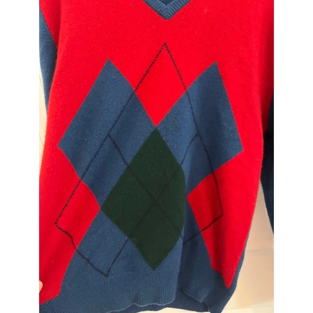Vintage Ping Karsten  Red Blue Argyle 100% Cashmere V-Neck Sweater